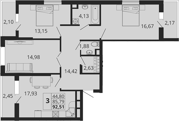 Продается 3-комн. квартира, 85.79 м²