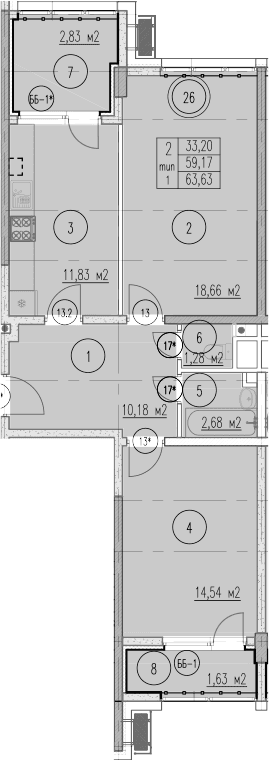 Продается 2-комн. квартира, 59.17 м²