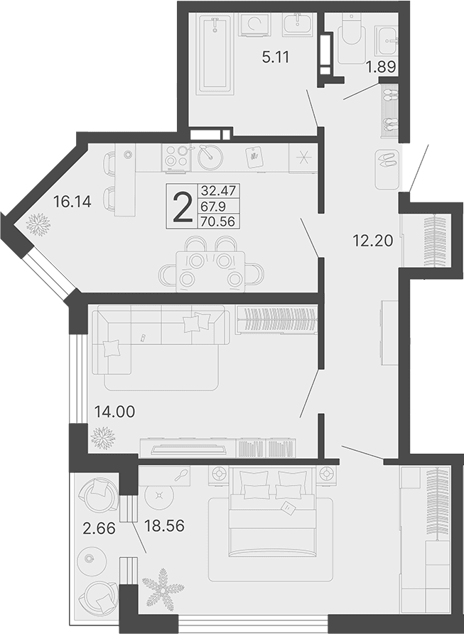 Продается 2-комн. квартира, 67.9 м²