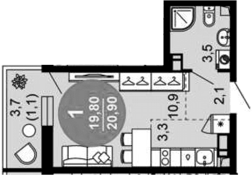 Продается 1-комн. квартира, 19.8 м²