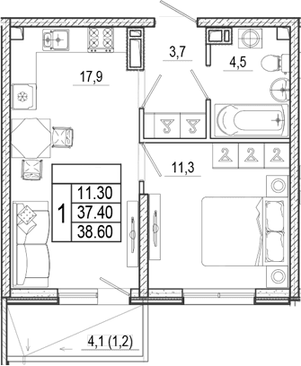 Продается 2-комн. квартира, 37.4 м²
