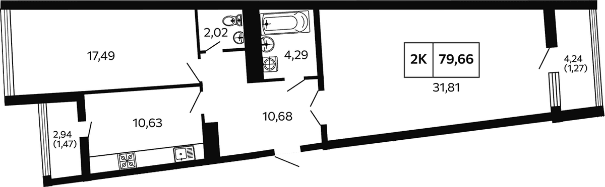 Продается 2-комн. квартира, 76.92 м²