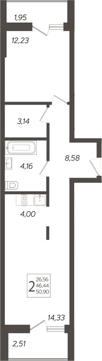 Продается 2-комн. квартира, 46.44 м²