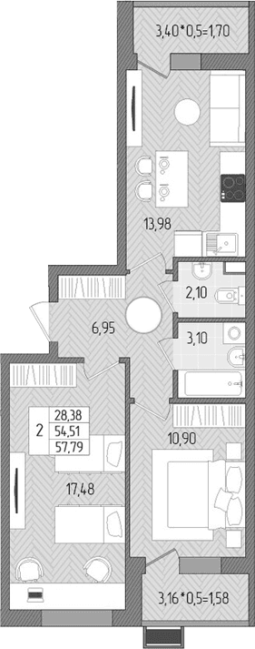 Продается 2-комн. квартира, 54.51 м²