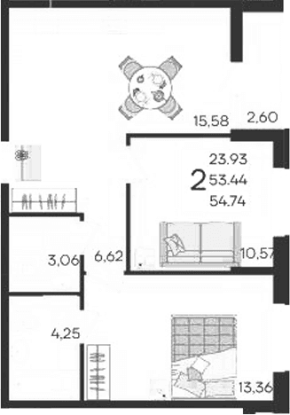 Продается 2-комн. квартира, 53.44 м²