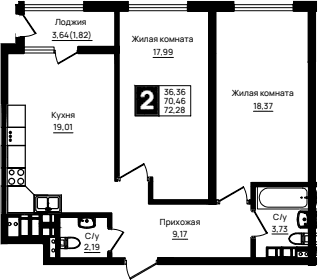 Продается 2-комн. квартира, 70.46 м²