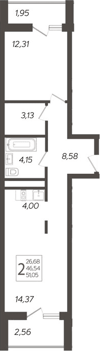 Продается 2-комн. квартира, 46.54 м²