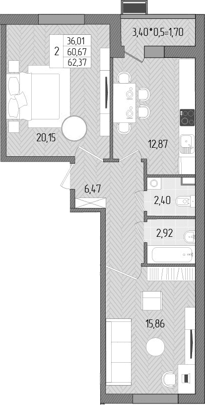 Продается 2-комн. квартира, 60.67 м²