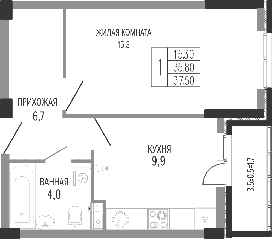 Продается 1-комн. квартира, 35.8 м²