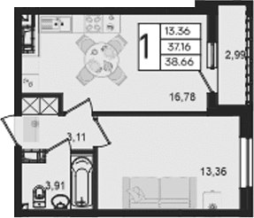 Продается 1-комн. квартира, 37.16 м²