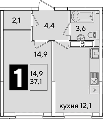 Продается 1-комн. квартира, 37.1 м²