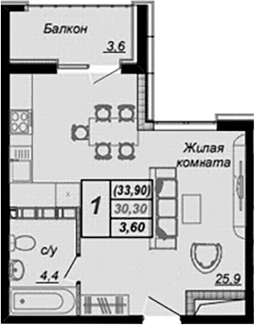Продается 1-комн. квартира, 30.3 м²