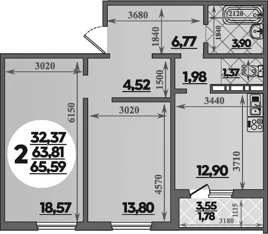 Продается 2-комн. квартира, 63.81 м²