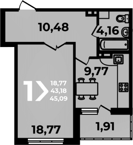 Продается 1-комн. квартира, 43.18 м²