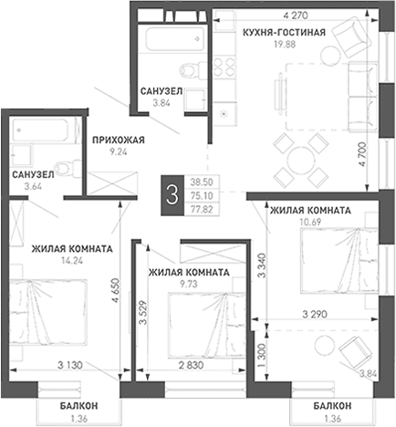 Продается 3-комн. квартира, 77.58 м²