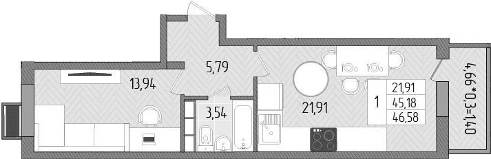 Продается 1-комн. квартира, 45.18 м²
