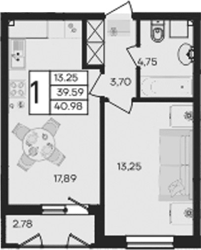 Продается 1-комн. квартира, 39.59 м²