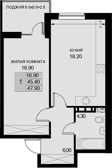 Продается 1-комн. квартира, 45.4 м²