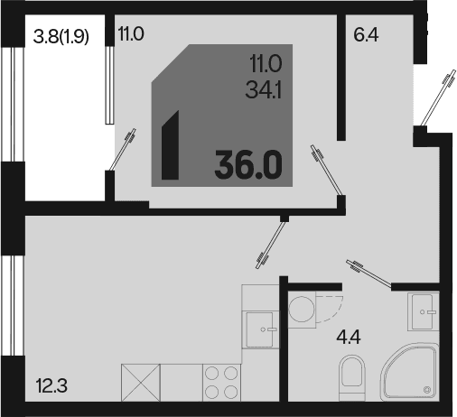 Продается 1-комн. квартира, 34.1 м²