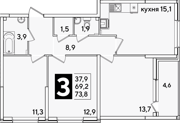 Продается 4-комн. квартира, 69.2 м²