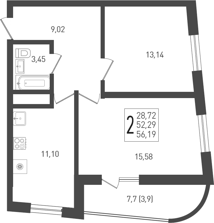Продается 2-комн. квартира, 53.5 м²