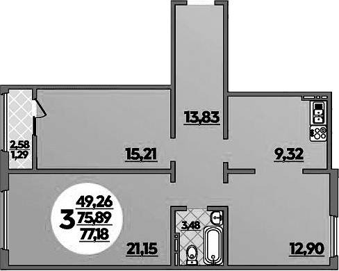 Продается 3-комн. квартира, 75.89 м²