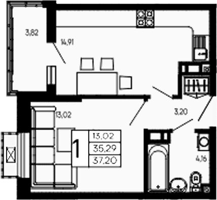 Продается 1-комн. квартира, 35.29 м²