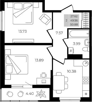 Продается 2-комн. квартира, 49.56 м²