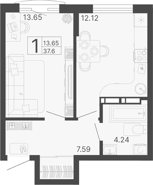 Продается 1-комн. квартира, 37.6 м²