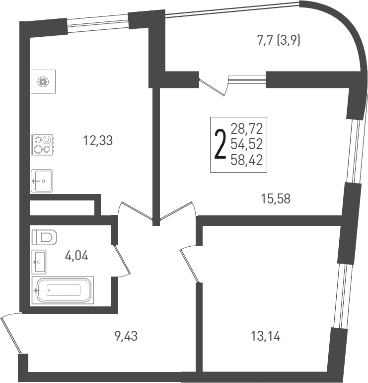 Продается 2-комн. квартира, 55.9 м²