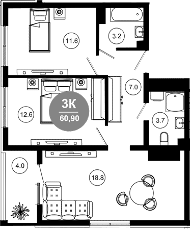 Продается 3-комн. квартира, 56.9 м²