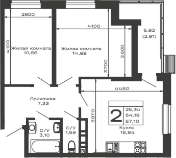 Продается 2-комн. квартира, 54.19 м²