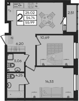 Продается 2-комн. квартира, 54.74 м²