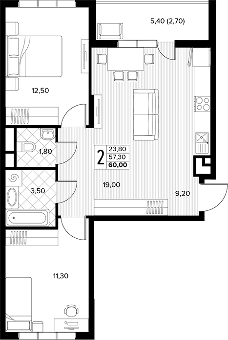 Продается 2-комн. квартира, 57.3 м²