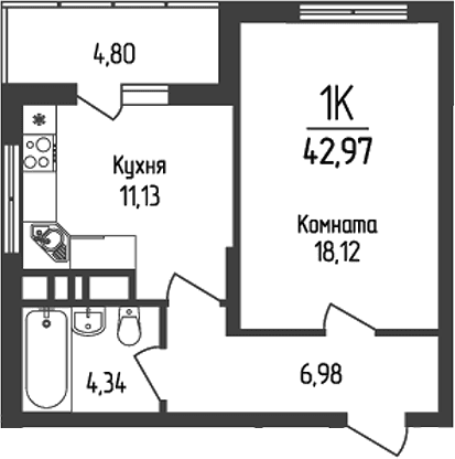 Продается 1-комн. квартира, 40.57 м²