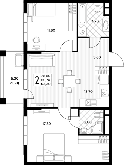 Продается 2-комн. квартира, 60.7 м²