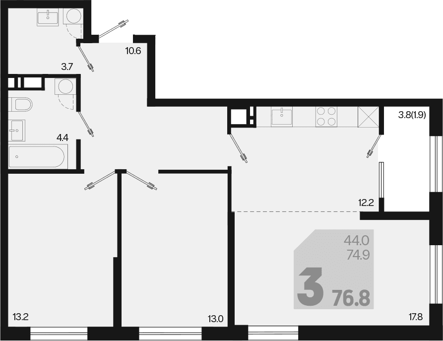 Продается 3-комн. квартира, 74.9 м²