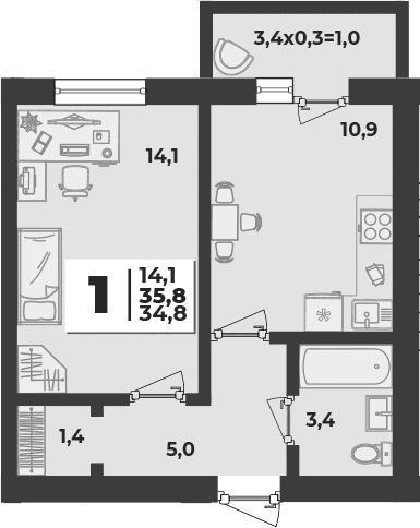 Продается 1-комн. квартира, 34.8 м²