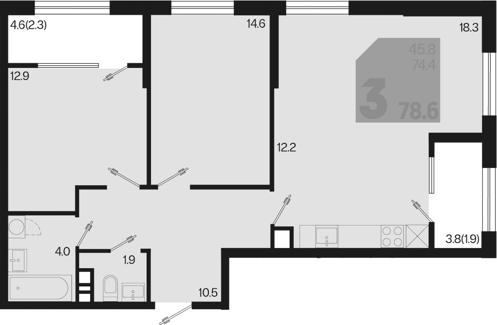 Продается 3-комн. квартира, 74.4 м²