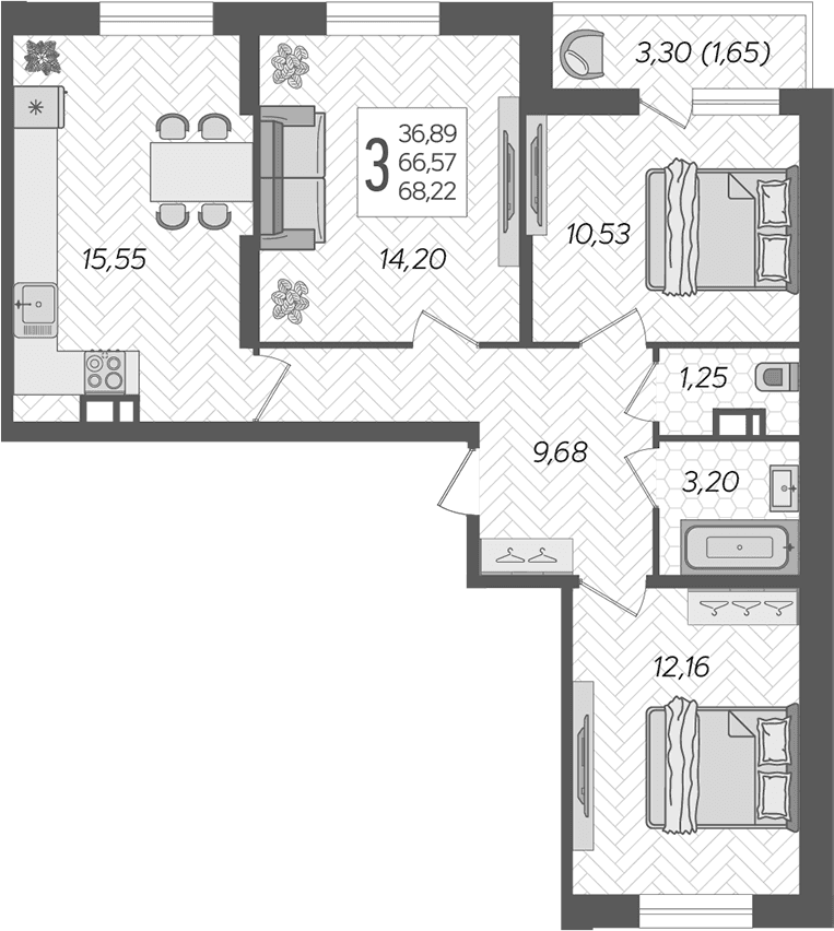 Продается 3-комн. квартира, 66.57 м²