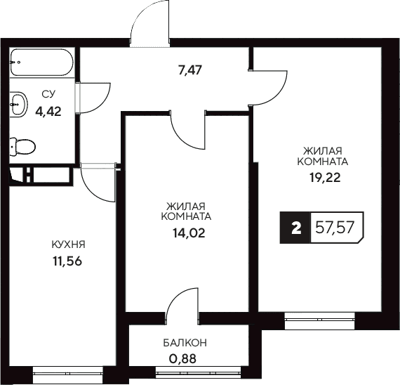 Продается 2-комн. квартира, 56.69 м²