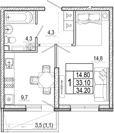 Продается 1-комн. квартира, 33.1 м²