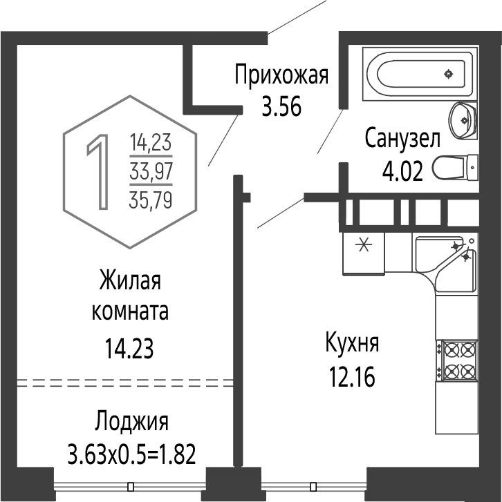 Продается 1-комн. квартира, 33.97 м²