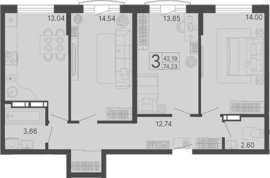 Продается 3-комн. квартира, 74.23 м²