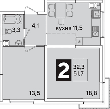 Продается 2-комн. квартира, 51.7 м²