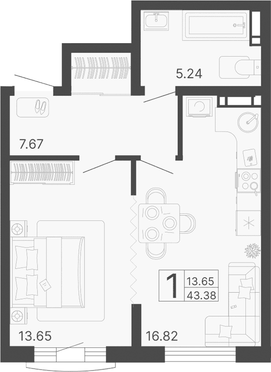 Продается 1-комн. квартира, 43.38 м²