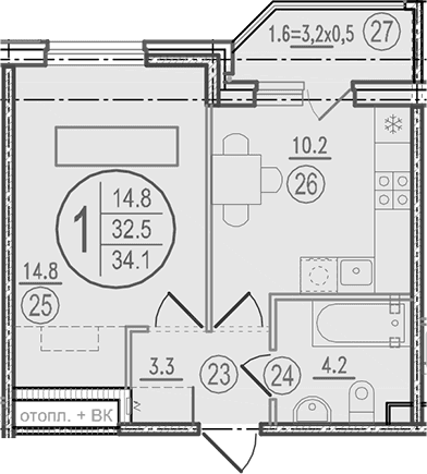 Продается 1-комн. квартира, 32.5 м²