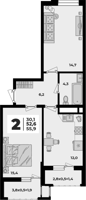 Продается 2-комн. квартира, 52.6 м²