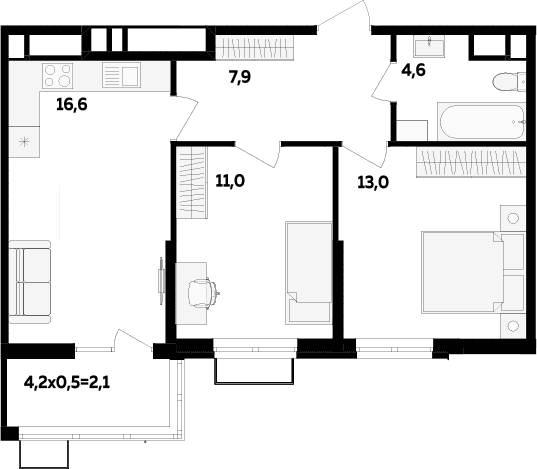 Продается 2-комн. квартира, 53.1 м²