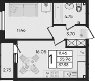 Продается 1-комн. квартира, 35.96 м²
